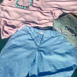 $59 Seersucker blue w/ pinstripes cropped pants